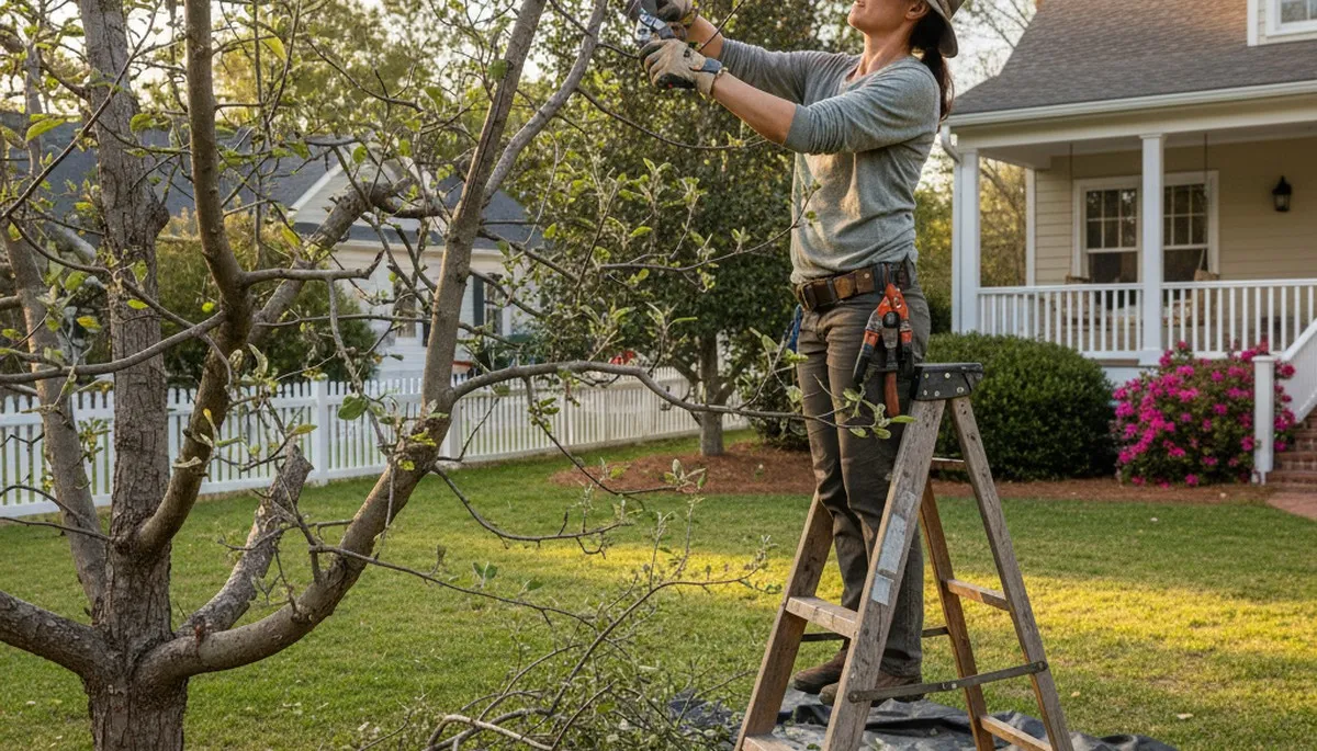Arborist pruning fruit tree in Wilmington NC backyard orchard for healthy growth and optimal fruit yield