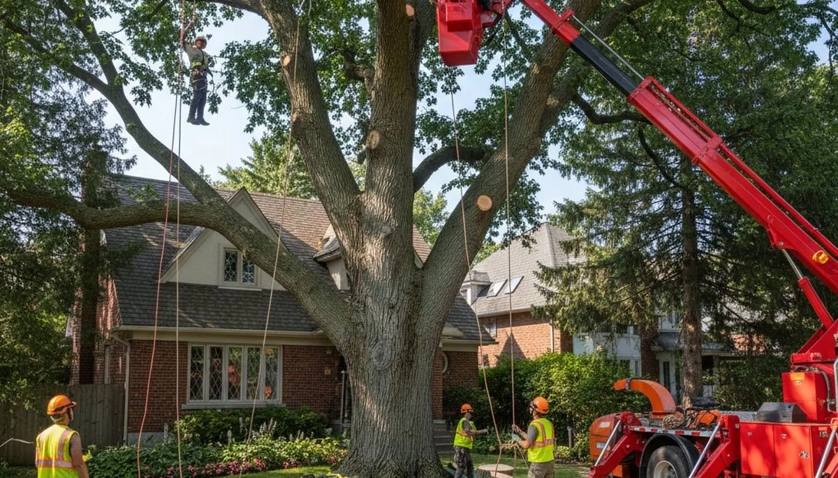 Arborists removing large tree with bucket truck in Hampstead near Wilmington, NC for safe tree removal service