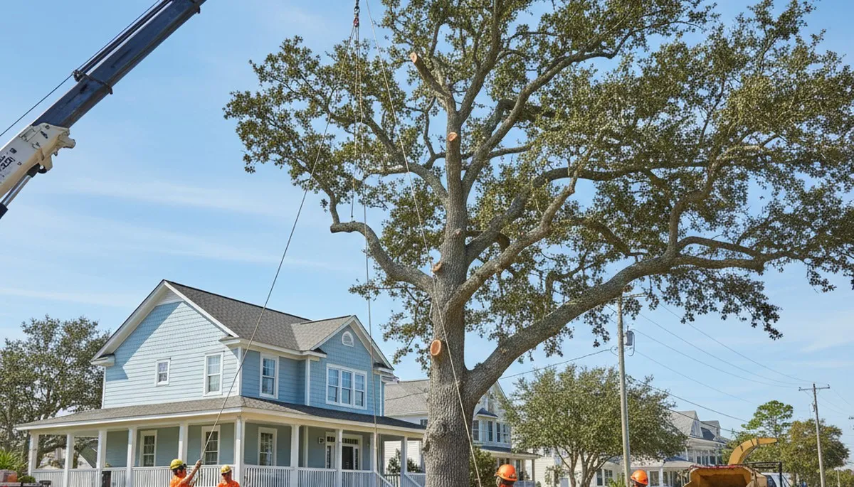Arborists using bucket truck for large tree removal in Kure Beach, NC near Wilmington tree service homes