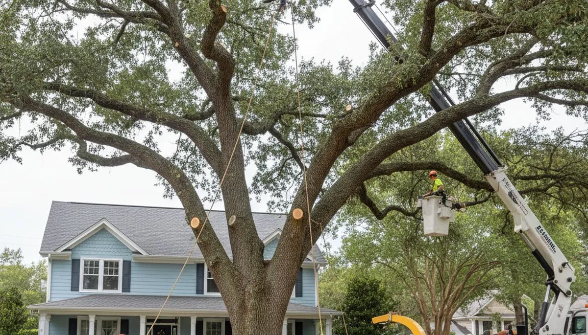 Professional large tree removal with bucket truck by arborists in Leland near Wilmington, NC homes