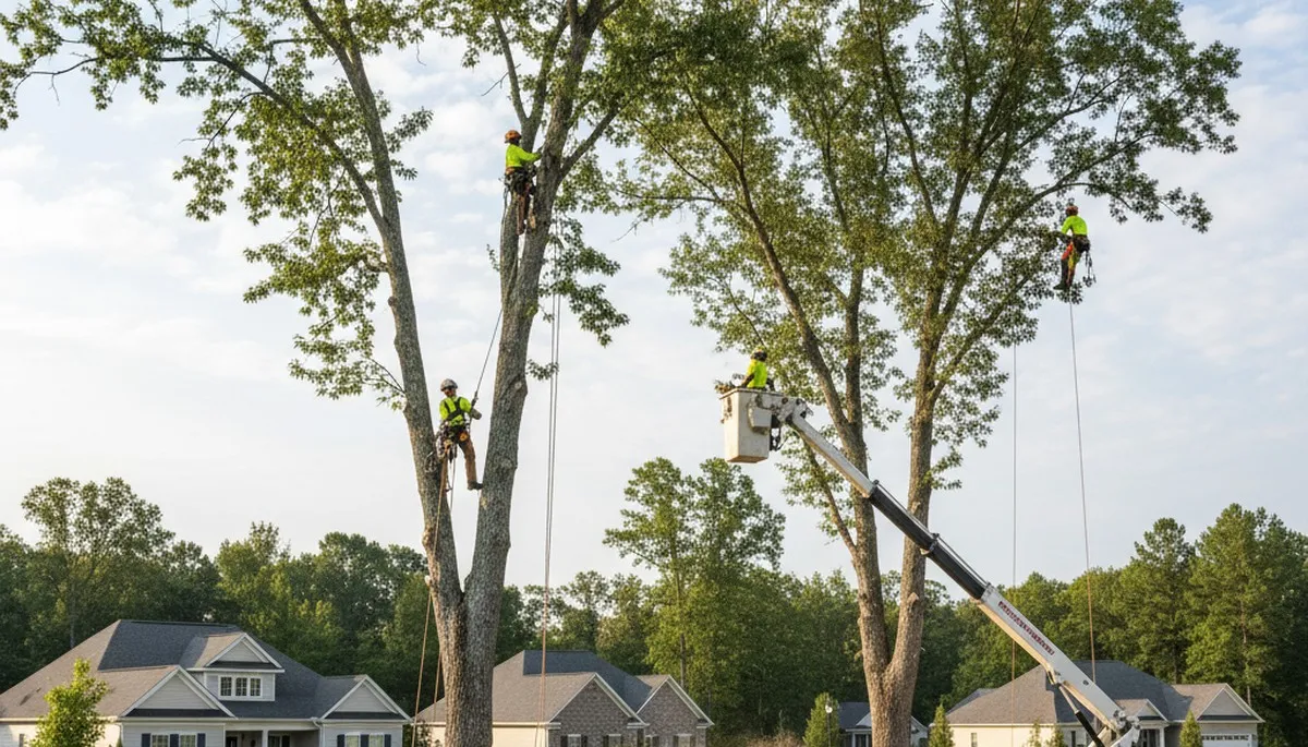 Professional tree removal service team working in Wilmington, NC yard