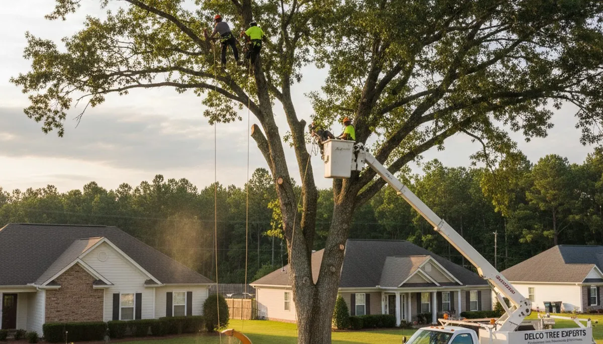 Professional tree removal service in Wilmington, NC safely clearing large oak trees