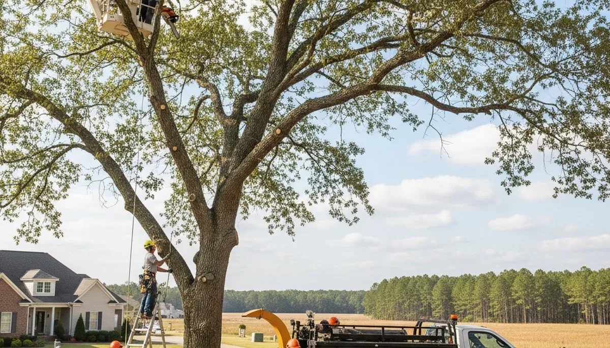 Professional tree removal service in Wilmington NC safely cutting and clearing large oak trees