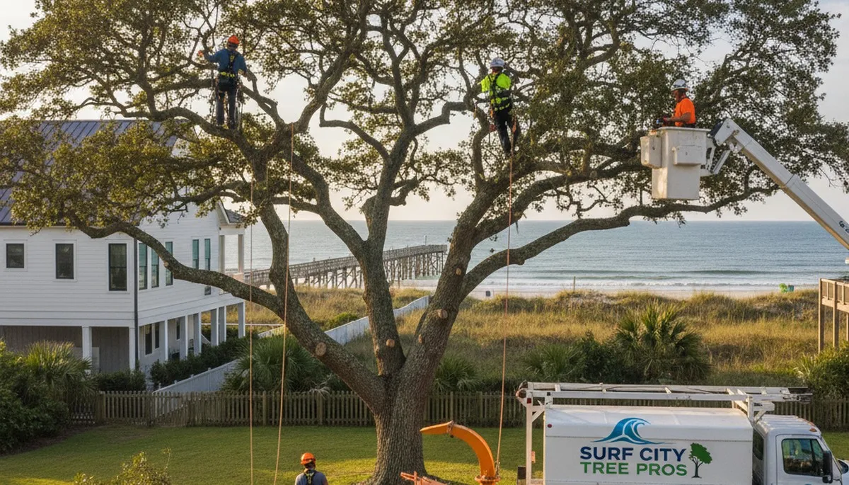 Professional tree removal service crew in Wilmington, NC safely cutting large oak tree branches